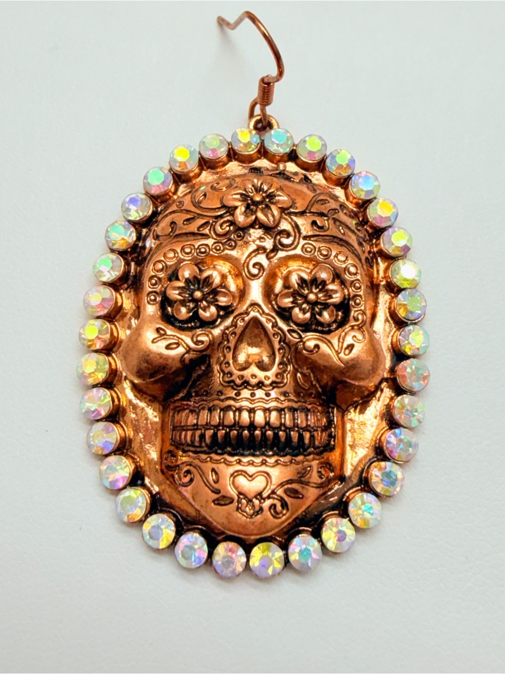 Copper Sugar Skull Pendant Earring with Iridescent Crystal Trim